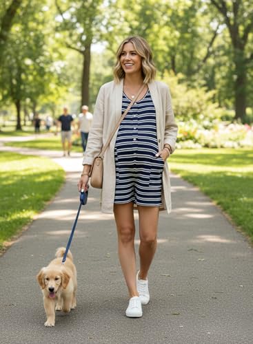 BLENCOT Maternity and Postpartum Romper for Women Button Down Striped Sleeveless V Neck Loose Jumpsuit with Pockets - color: Blue Stripe, size: Medium
