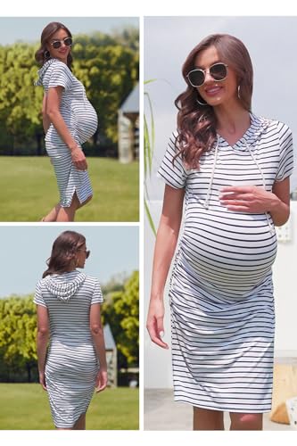 Women's Maternity Hoodie Dress Short Sleeve Split Side Ruched Pregnancy Clothes - color: White Navy Stripe, size: Small