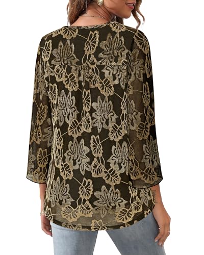 Bebonnie Womens Ruffle 3/4 Sleeve V Neck Double Layers Mesh Blouses Loose Fit Flowy Tunic Tops - color: Black Gold, size: Medium