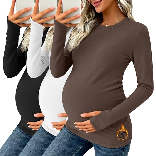 Oakgarden 3 Pack Womens Maternity Thermal Long Sleeve Shirts - color: Brown, White, Black, size: Small