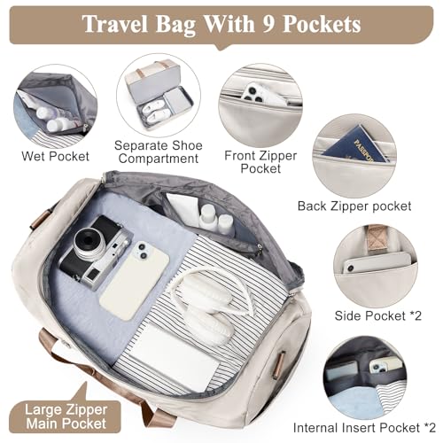 Travel Duffel Bag,Carry-On Overnight Weekender Bags with Shoes Compartment - color: Beige & Brown, size: Small