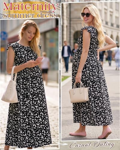 Huukeay Women Maternity Dress Ruffle Sleeve Floral - color: Black, size: Small