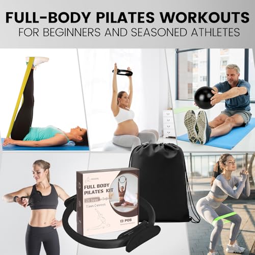 Pilates Kit for Women 13PCS, Pilates Ring Ball Resistance Bands Workout Set - color: Black