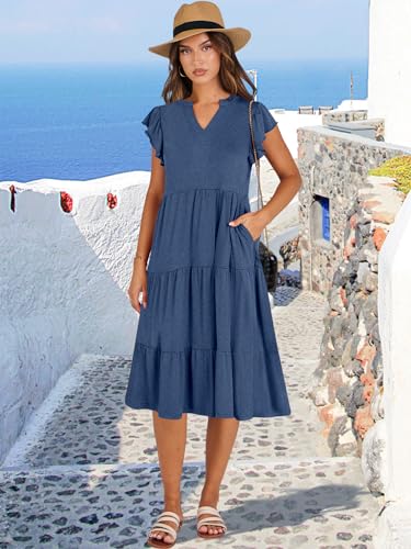 ANRABESS Womens Summer Dress Ruffle Sleeve V Neck Midi Dresses - color: Blue, size: Medium
