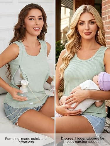Ecavus Nursing Tank Tops for Breastfeeding, Ribbed Shirt with Hidden Zipper - color: Black+wine Red+green, size: Medium