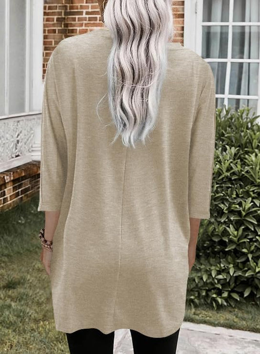 Poetsky Womens 3/4 Sleeve Tunics or Tops to Wear with Leggings Long Shirts - color: Apricot, size: XX-Large