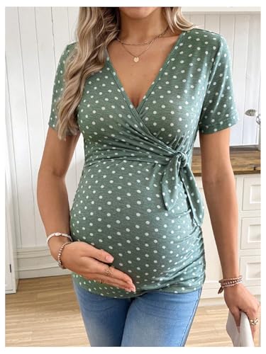 MakeMeChic Women's Maternity Polka Dots Wrap Tops V Neck Short Sleeve Business Casual Wrok Tops - size: Large