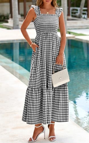PRETTYGARDEN Women's Summer Dress Casual Ruffle Strap Gingham Midi Sundress - color: Black White, size: Small