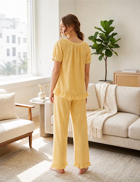 Gingham Cotton Pajamas for Women 2 Piece Cute Ruffle Plaid PJS Set Lounge - color: Yellow, size: X-Large