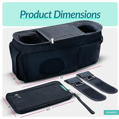 Swanoo Stroller Organizer, 40 oz Tumbler Holder, Patented Non-Slip Straps - color: Black