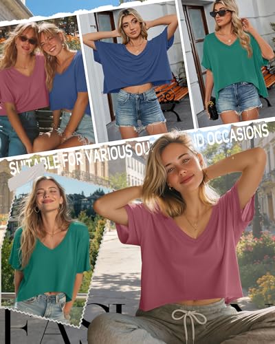 Huukeay 3 Pack Women's Oversized V Neck T Shirts - color: Berry, Dark Green, Hazy Blue, size: Medium