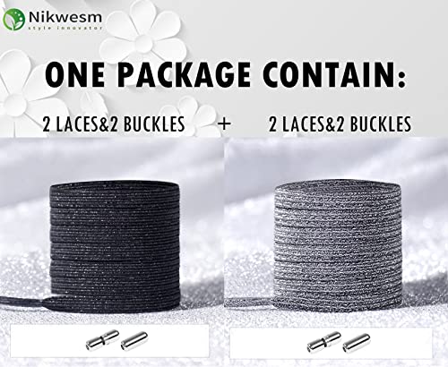 Elastic No tie flat Shoe Laces for adults kids Sneaker and Boot, One Size Fits All(2 Pair) - color: Silver Black