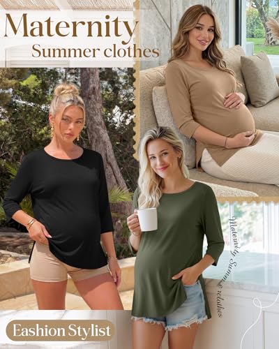 3 Pack Women's 3/4 Sleeve Maternity Loose Crewneck Tops - color: Khaki, Army Green, Black, size: X-Large