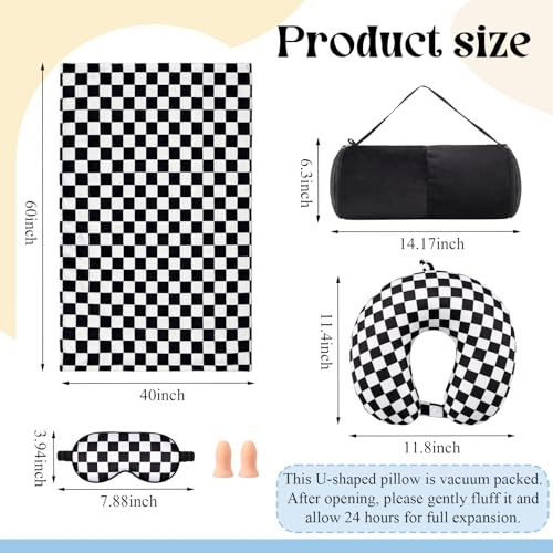 HunnmingRe 5 Pcs Travel Pillow Blanket Set, Airplane,Checkered,Black - color: Black, style: Checkered
