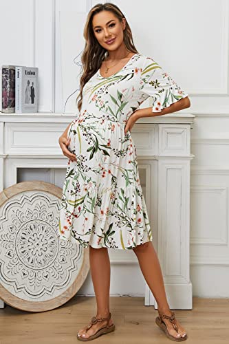 Smallshow Women's Maternity Dress Ruffle Short Sleeve Pregnancy Clothes - color: Leaf White, size: Small