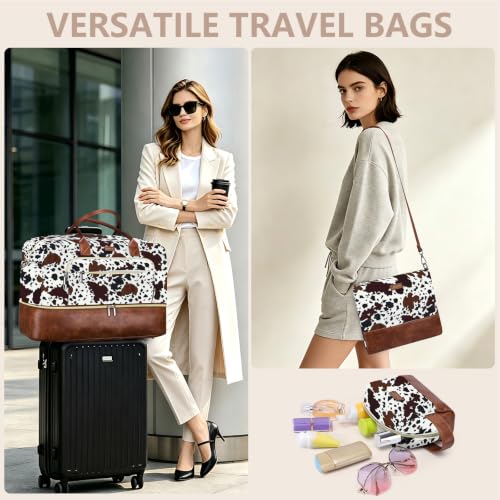 Large Women Travel Weekender Bag: Carry on Duffle with Shoe Compartment - color: Brown Cow Print