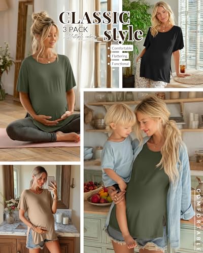 Riyiper 3 Pack Women's Maternity Tunic Cotton Shirts - color: Khaki, Army Green, Black, size: Large