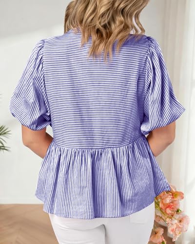dowerme Women Lantern Sleeve Button Up Stripes Babydoll Tops - color: Dark Blue, size: Large
