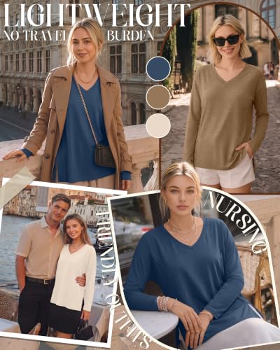 Riyiper 3 Pack Women's Nursing Shirts for Breastfeeding - color: Haze Blue, Camel, Cream, size: Medium