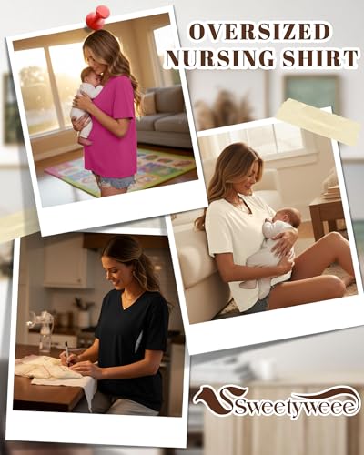 3 Pack Women's Oversize Nursing Shirts - color: Rose Red, Cream, Black, size: Large