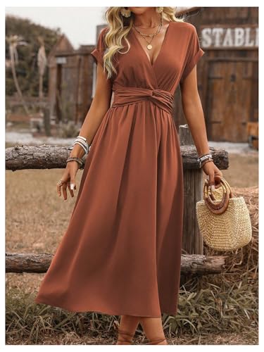 Floerns Women's Wrap V Neck Flowy Midi Dresses Short Sleeve A Line Ruched Beach Dress - color: Rust Brown, size: Large