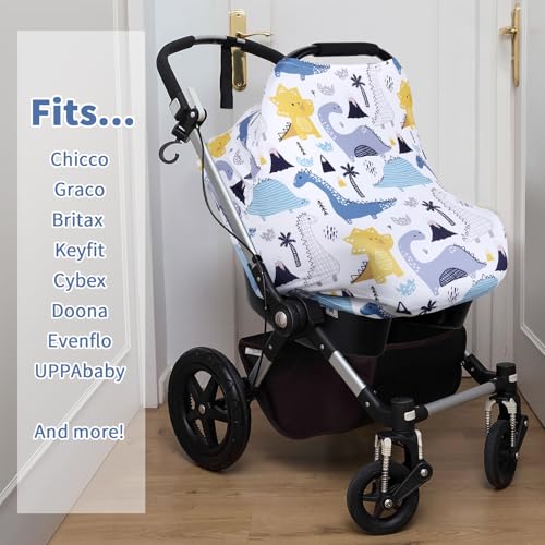 Rquite 4-in-1 Baby Car Seat Canopy, Stretchy Nursing Breastfeeding Cover - color: Blue Dinosaur