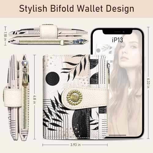 Kelvoris Boho Abstract Small Rfid Women Wallet Bifold Zipper Coin Pocket - color: Abstract Art Leaves