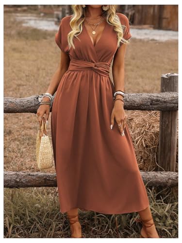 Floerns Women's Wrap V Neck Flowy Midi Dresses Short Sleeve A Line Ruched Beach Dress - color: Rust Brown, size: Large