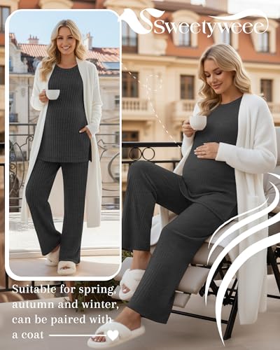 Women's 2 Piece Maternity Ribbed Pajama Outfit - color: Dark Gray, size: X-Large
