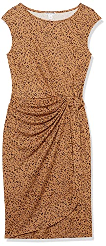 Amazon Essentials Women's Cap Sleeve Boat-Neck Faux Wrap Pleated Matte Jersey Dress - color: Dark Camel, Leopard, size: X-Small