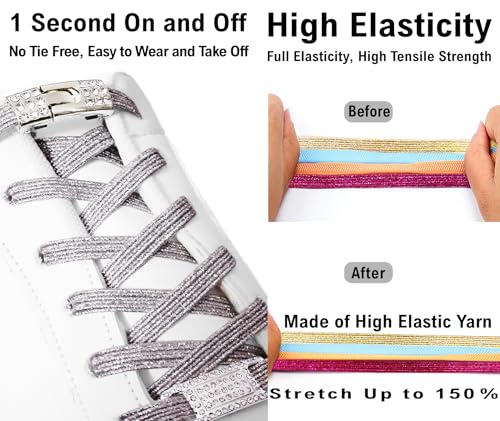 Elastic No Tie Shoe Laces with Bling Diamond Locks & Charms for Women's Sneakers - color: 04 Glitter Silver