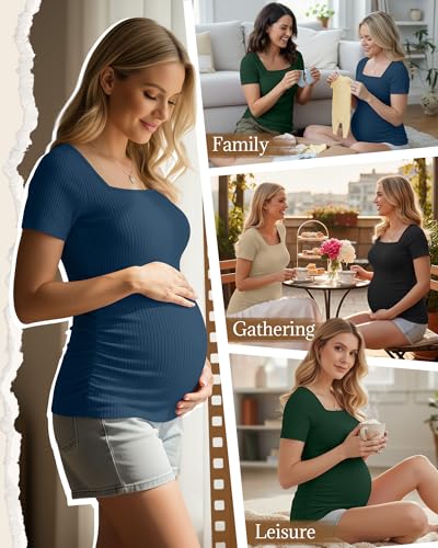 Huukeay 4 Pack Women's Short Sleeve Maternity Shirts - color: Black, Dark Green, Denim Blue, Apricot, size: Small