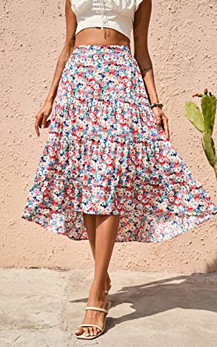 PRETTYGARDEN Women's Ditzy Floral Print Midi Skirt High Low Hem - color: Blue Red, size: X-Large