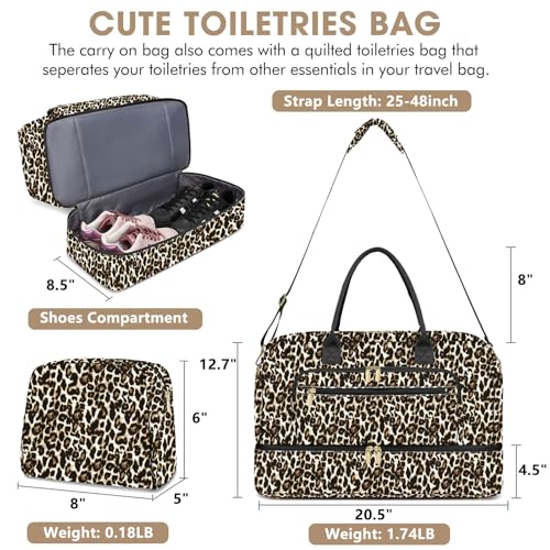 Travel Duffle Bag Weekender for Women - Carry-On Overnight Personal Item Bag with Shoe Compartment & Wet Pocket Large Weekend Tote Bags with Toiletry Hospital Bags for Labor and Delivery - color: Brown Leopard