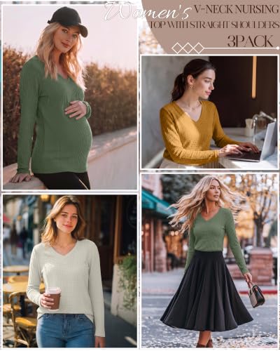 Huukeay 3 Pack Women's Long Sleeve Nursing Breastfeeding Shirts - color: Ginger Yellow, Light Green, Cream, size: Medium