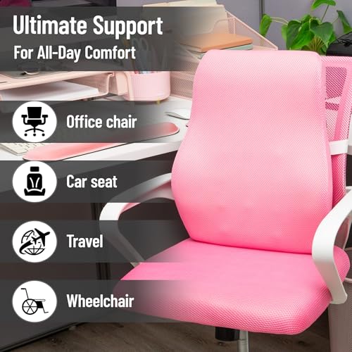 Mind Reader Air-Cloud Lumbar Cushion, Memory Foam Back Support Pillow for Lower Back Pain Relief, Adjustable Strap, Office Chair and Car Seat, Pink - color: Pink