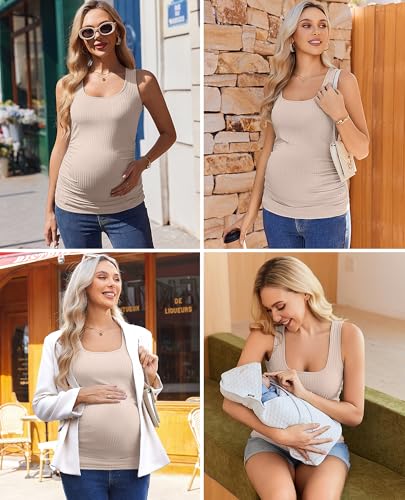 Ekouaer 4 Pack Maternity Tank Tops Ribbed Pregnancy Clothes Summer Outfit - color: Black/Light Khaki/Dark Red/Navy Blue, size: Large