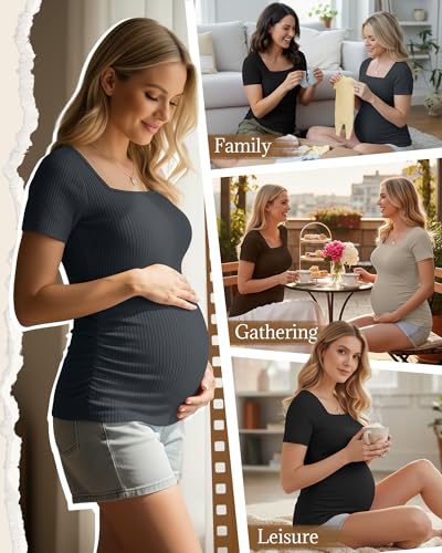 Huukeay 4 Pack Women's Short Sleeve Maternity Shirts - color: Black, Brown, Light Khaki, Dark Gray, size: XX-Large