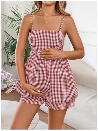 SweatyRocks Women Maternity 2 Piece Outfits Gingham Cami Top Shorts Sets - color: Red and White, size: X-Small