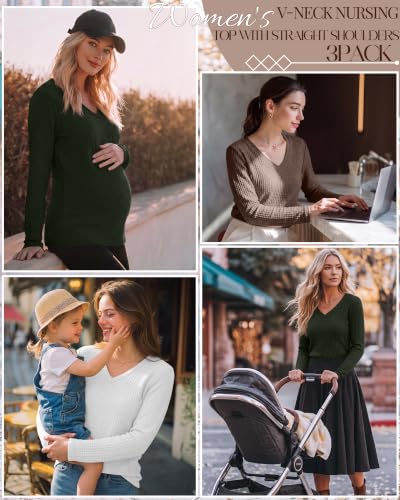 Huukeay 3 Pack Women's Long Sleeve Nursing Breastfeeding Shirts - color: Coffee, White, Army Green, size: XX-Large
