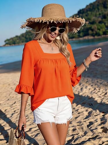 Bulotus Womens Plus Size Tops Square Neck Blouse Boho Top Chiffon 3/4 Sleeve Ruffle Shirt Cute Tunic 2026 Spring Summer - color: Orange, size: X-Large Plus