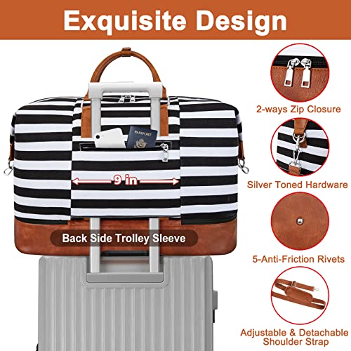 TIBES Travel Weekender Bag for Women, Overnight Bag with Shoe Compartment - color: L-Black & White Strips