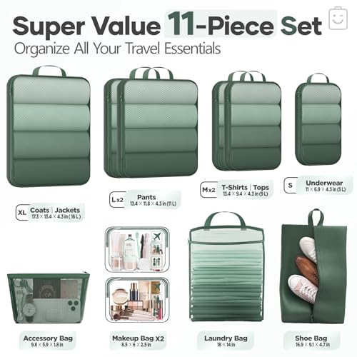 Veken 11 Set Compression Packing Cubes for Travel Essentials,Compressible Expandable Large Luggage Suitcase Organizer Bags for Clothing,Space Saver Bags with Over 1000 pcs of Mesh Holes(Dark Green) - color: Dark Green, size: 11 set