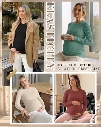 4 Pack Womens Ribbed Maternity Shirts Slim Fit Tops - color: Brick Red, Emerald Green, Apricot, Black, size: Large