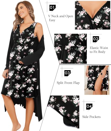 Ekouaer Maternity Nursing Gown and Robe Set Labor Delivery Nightgowns - color: Black Pink Flower, size: Medium
