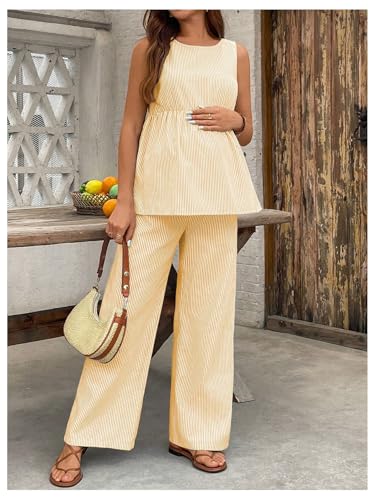 MakeMeChic Women's Maternity 2 Piece Outfits Striped Tank Top and Pants - color: Yellow, size: X-Small