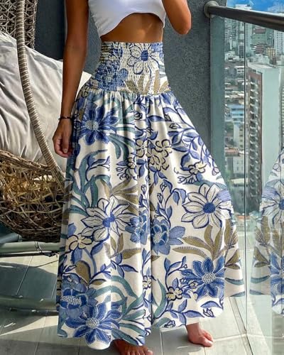 CHICME Womens Boho High Waisted Wide Leg Palazzo Pants Beach Vacation Wear - color: Blue White, size: X-Large