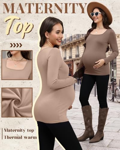 4 Pcs Womens Maternity Long Sleeve Square Neck Shirts - color: Khaki, Coffee, White, Black, size: Medium