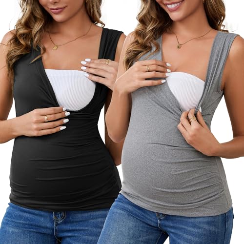 Womens 2-Pack Outfits Nursing Tank Wrap V-Neck Shirts Ruched Breastfeeding Sleeveless Maternity Tops - color: Black&gray, size: Medium