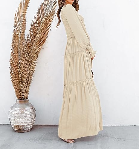 R.Vivimos Long Sleeve V Neck Flowy Maxi Dresses for Women - color: Beige, size: X-Large
